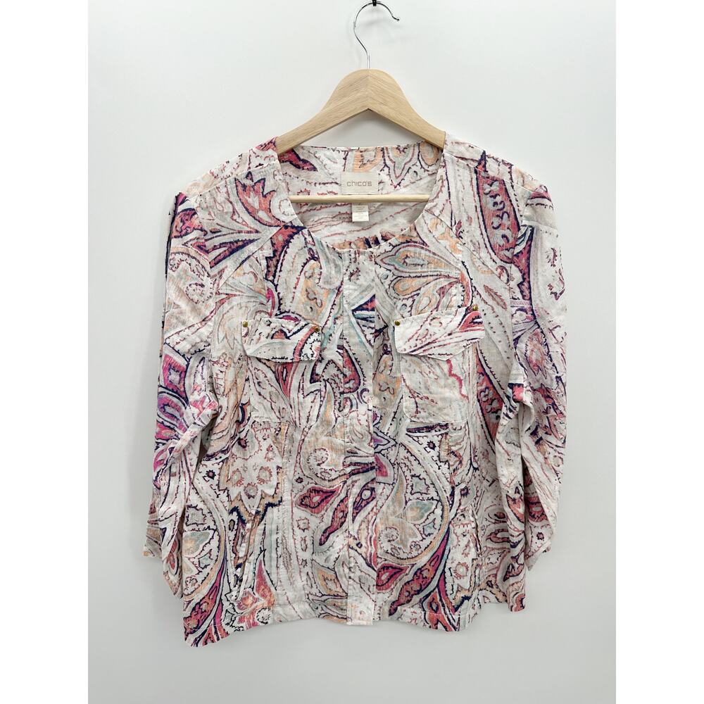 Chico's Women Large Pink Paisley 100% Linen Full Zip Boxy Artsy Jacket Size 2
